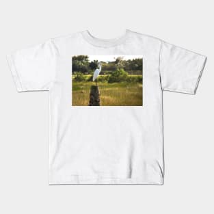 Egret Bird on a Tree Stump Florida Kids T-Shirt